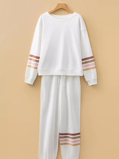 Striped Trim Round Neck Top and Pants Set - White, side view on model - Be Juliet