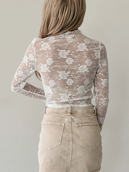 Celeste Sheer Floral Lace Mock Neck Top - Be Juliet