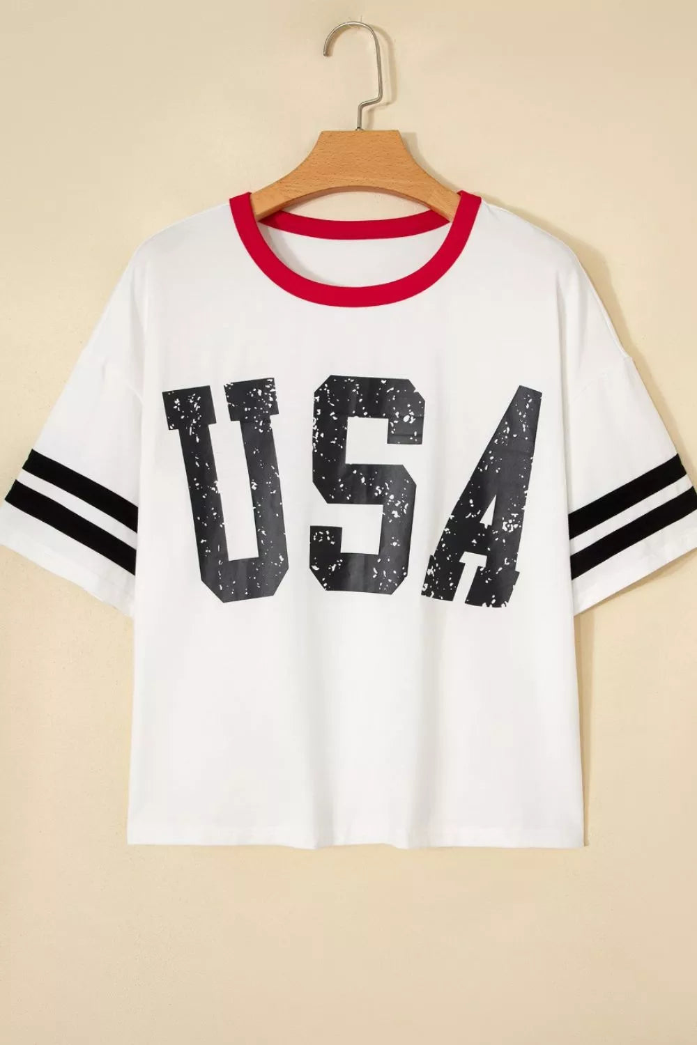 USA Letter Printed Varsity Striped Sleeve Round Neck Tee - White, close-up detail - Be Juliet
