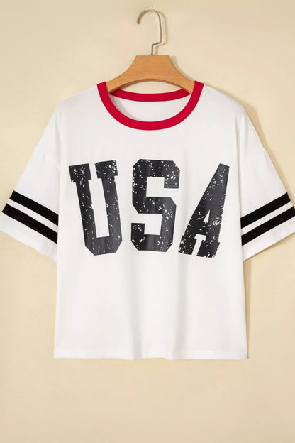 USA Letter Printed Varsity Striped Sleeve Round Neck Tee - White, close-up detail - Be Juliet