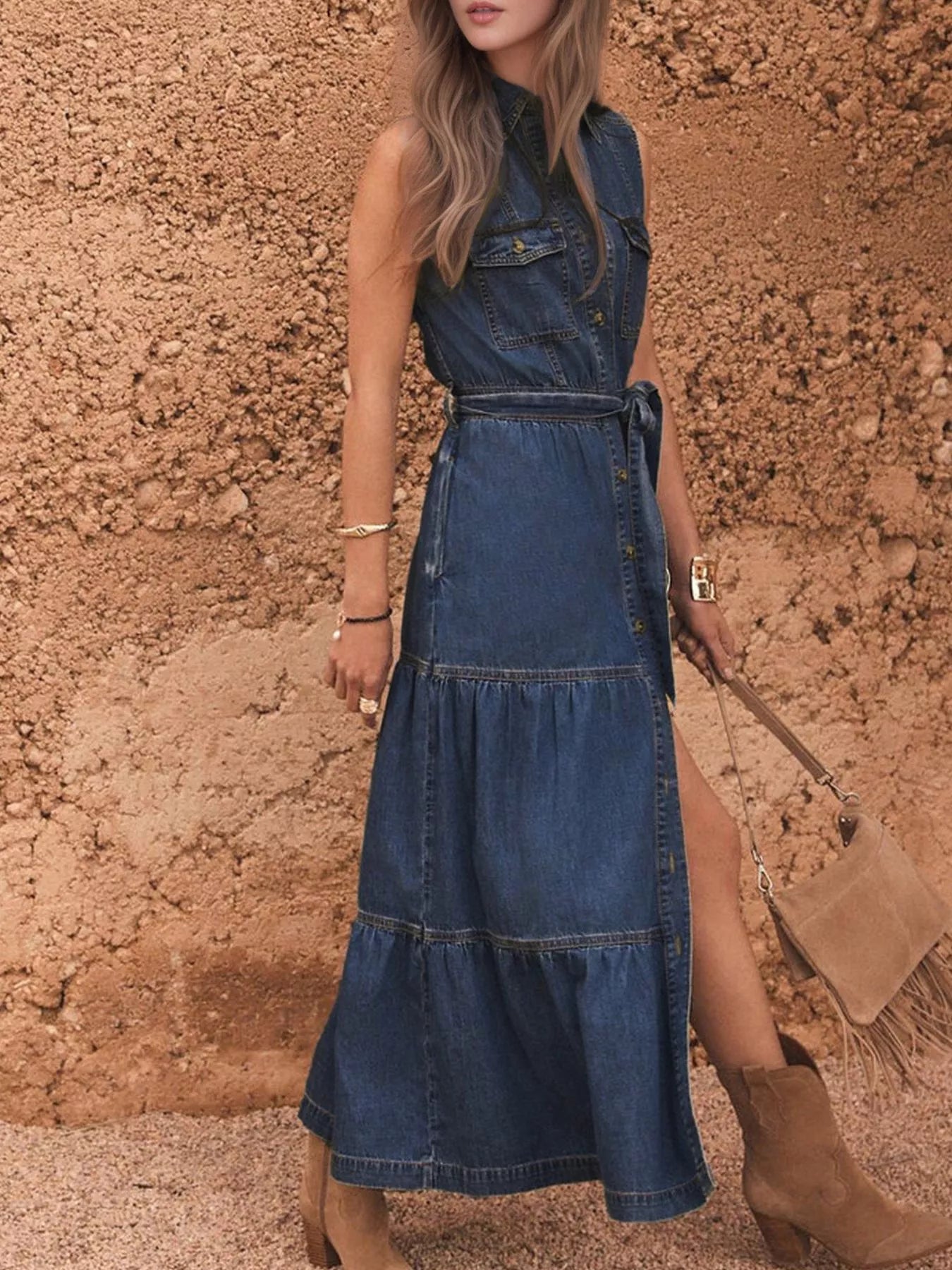 Button Front Sleeveless Denim Dress - Be Juliet