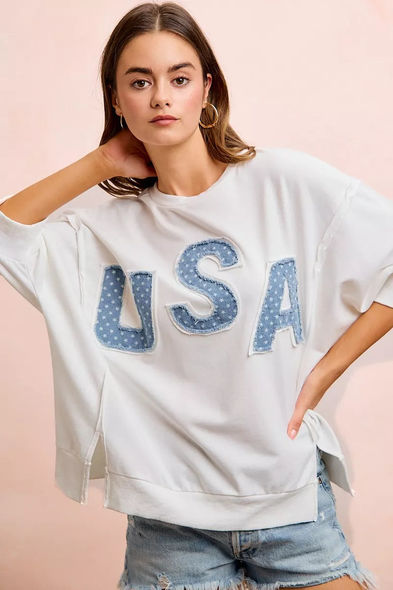 BiBi 4th Of July Usa Letter Patchwork French Terry Top - Ivory, flat lay front view - Be Juliet