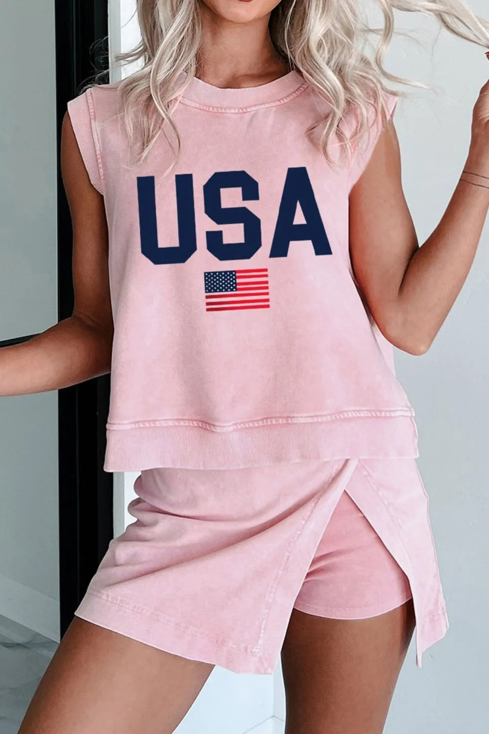 USA Round Neck Tank and Shorts Set - Blush Pink, close-up detail - Be Juliet
