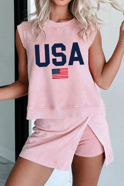 USA Round Neck Tank and Shorts Set - Blush Pink, close-up detail - Be Juliet