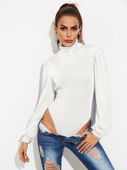 Backless Tie-Waist Turtleneck Lantern Sleeve Bodysuit - White, side view on model - Be Juliet