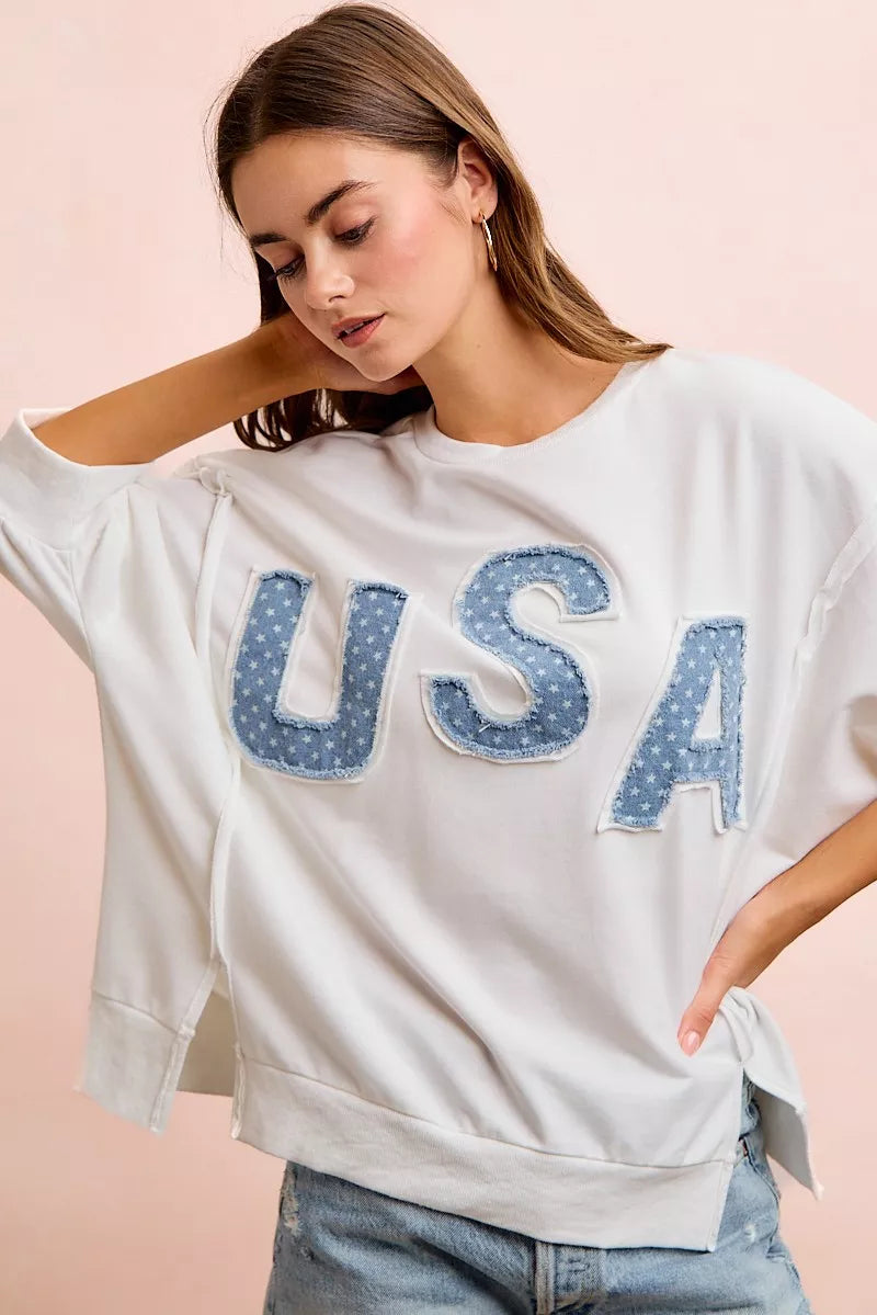 BiBi 4th Of July Usa Letter Patchwork French Terry Top - Ivory, front view on model - Be Juliet