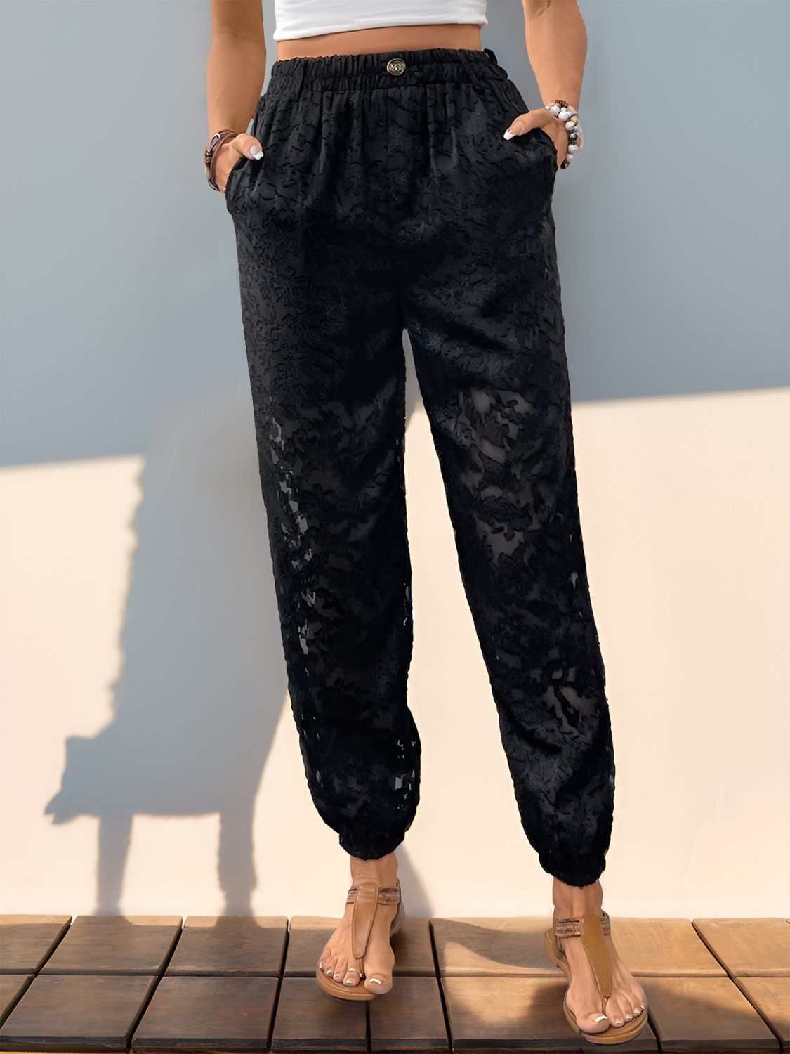 Parfee Pocketed Lace Elastic Waist Pants - Black, front view on model - Be Juliet