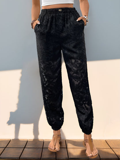 Parfee Pocketed Lace Elastic Waist Pants - Black, front view on model - Be Juliet