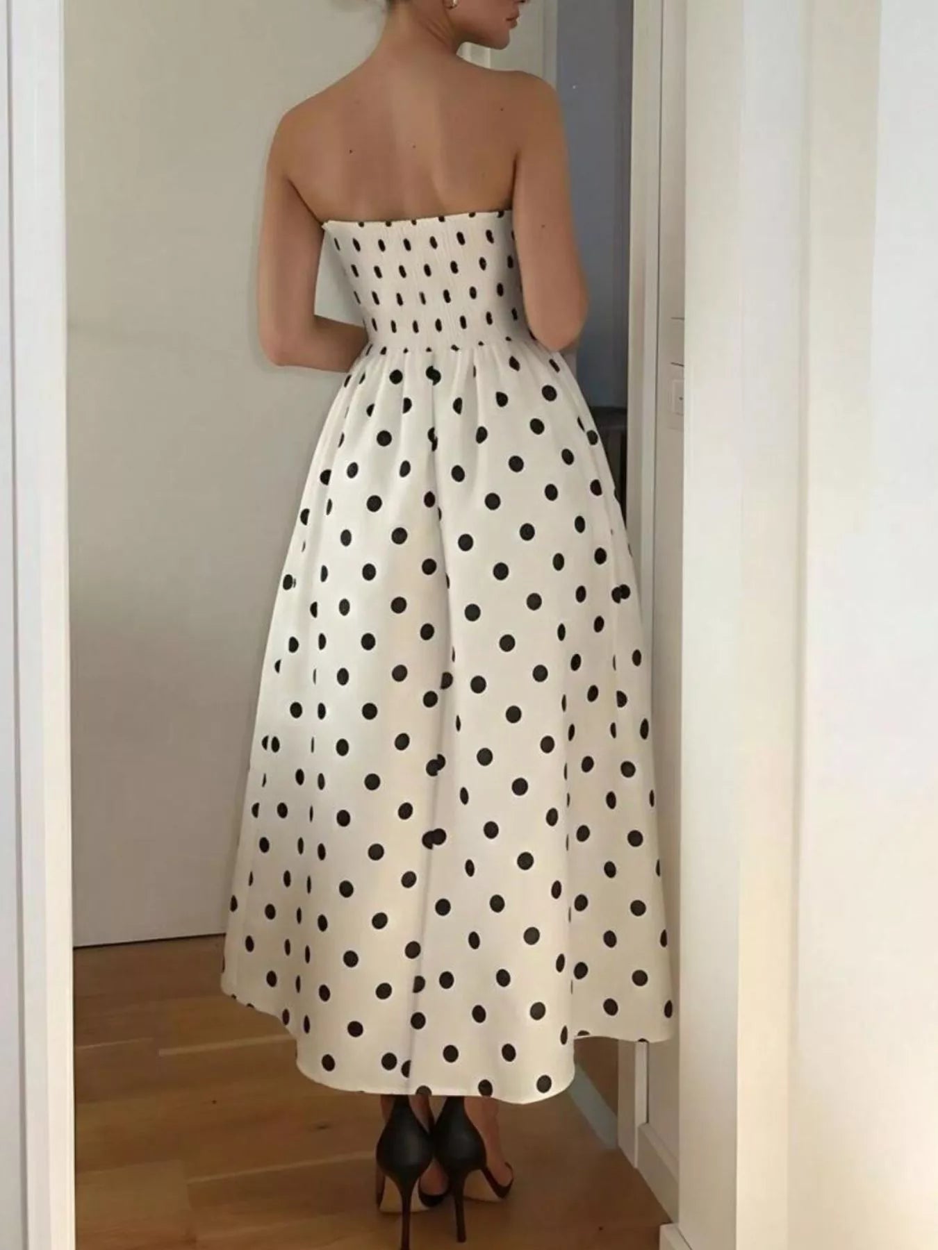 The Simone — Polka Dot Strapless Midi Dress - Cream, full-length midi hemline view - Be Juliet