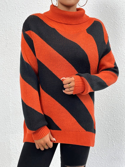 Chic Stripes Dropped Shoulder Turtleneck Sweater - Be Juliet