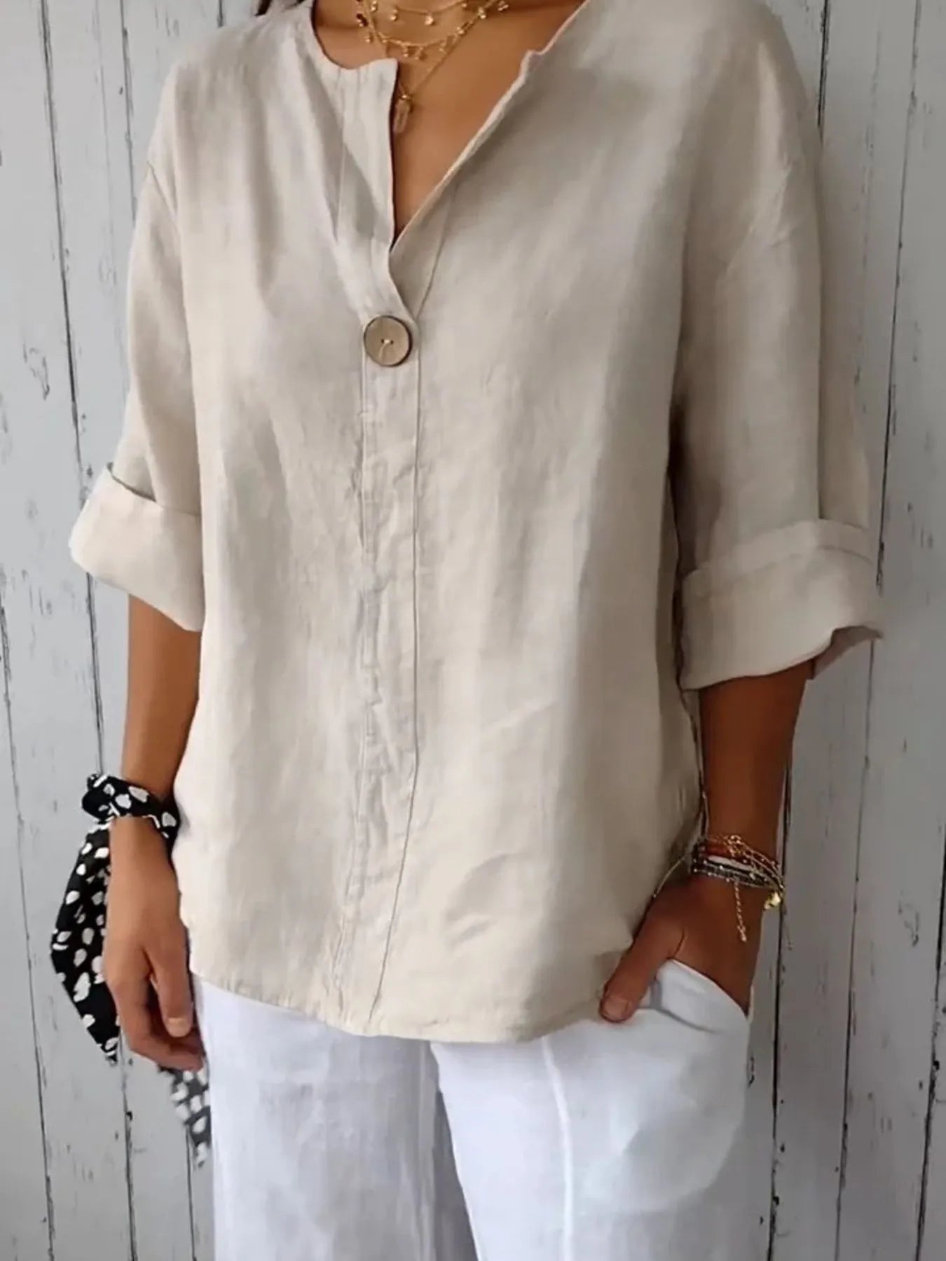 Catalina Notched Linen-Blend Blouse — Plus Size - Be Juliet