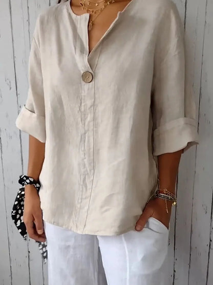 Catalina Notched Linen-Blend Blouse — Plus Size - Be Juliet