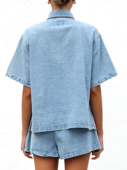 Kati Button Up Half Sleeve Denim Shirt - Light, 3/4 angled view on model - Be Juliet