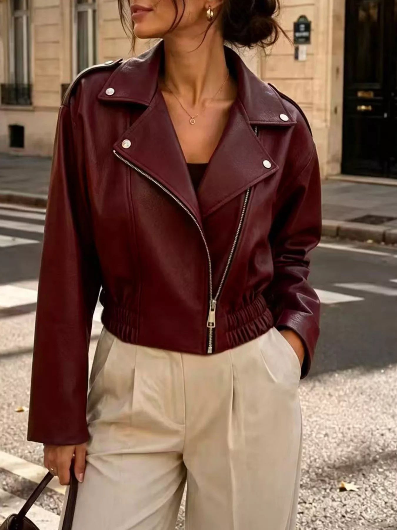 The Moto Faux Leather Zip Jacket - Burgundy, front 3/4 collar and zipper detail - Be Juliet