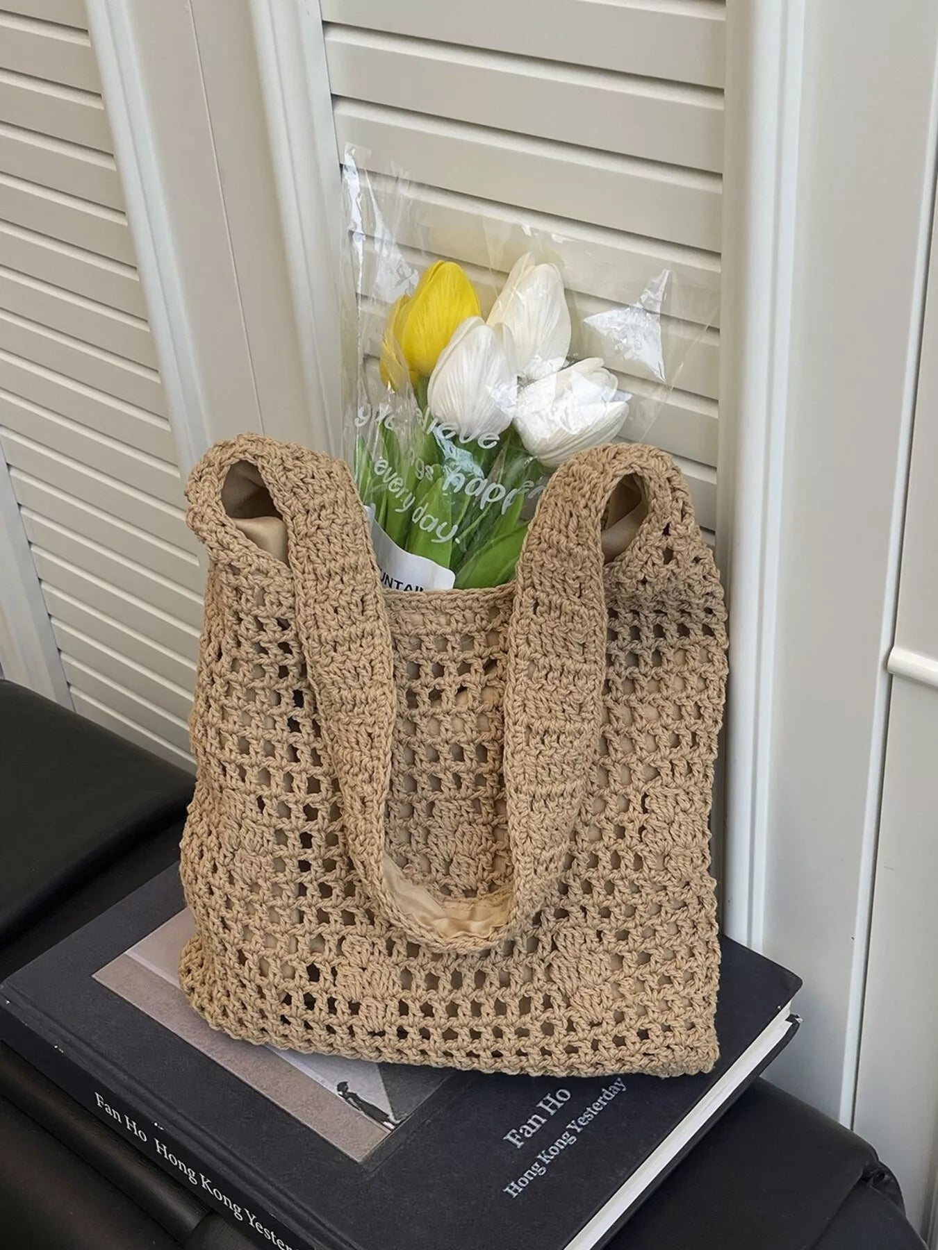The Céleste Bag — Knitted Crochet Shoulder Bag - Khaki, front view product shot - Be Juliet