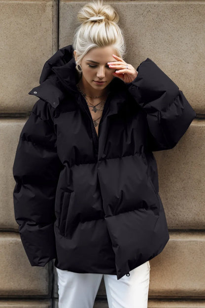 Pocketed Zip Up Hooded Puffer Jacket - Be Juliet