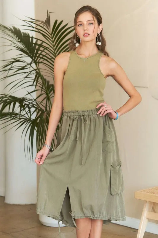 Frankie Washed Drawstring Dress - Lt Olive, front view on model - Be Juliet