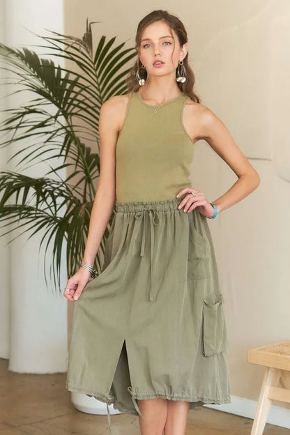 Frankie Washed Drawstring Dress - Lt Olive, front view on model - Be Juliet