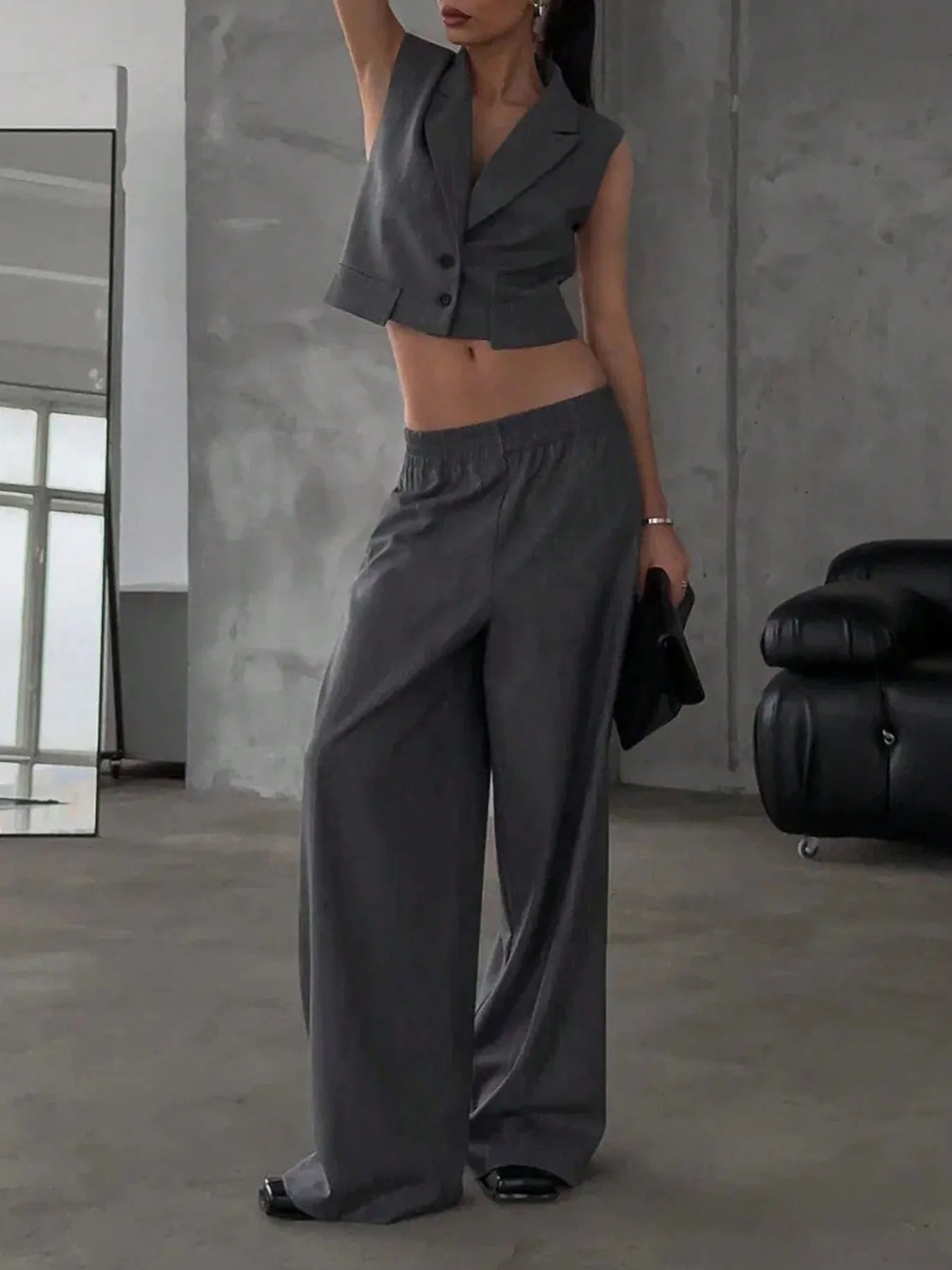 Isla Button-Up Sleeveless Top & Pants Set - Dark Gray, back view on model - Be Juliet