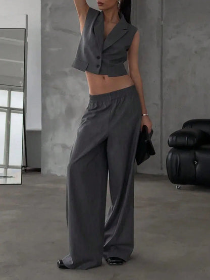 Isla Button-Up Sleeveless Top & Pants Set - Dark Gray, back view on model - Be Juliet
