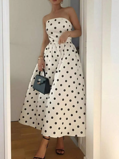 The Simone — Polka Dot Strapless Midi Dress - Cream, back view on model - Be Juliet