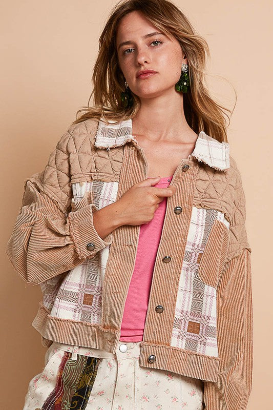 POL Corduroy Jacquard Patchwork Button Up Jacket - Teddy Bear Multicolor, front view on model - Be Juliet