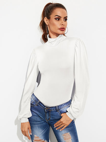 Backless Tie-Waist Turtleneck Lantern Sleeve Bodysuit - White, back open-back detail - Be Juliet
