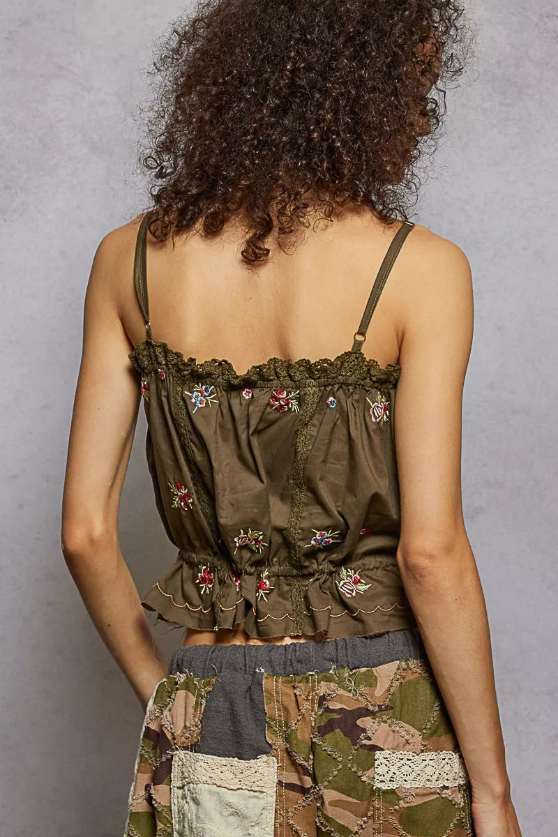 Isabelle Floral Embroidered Lace Cami (Cacao) - CACAO, side view on model - Be Juliet