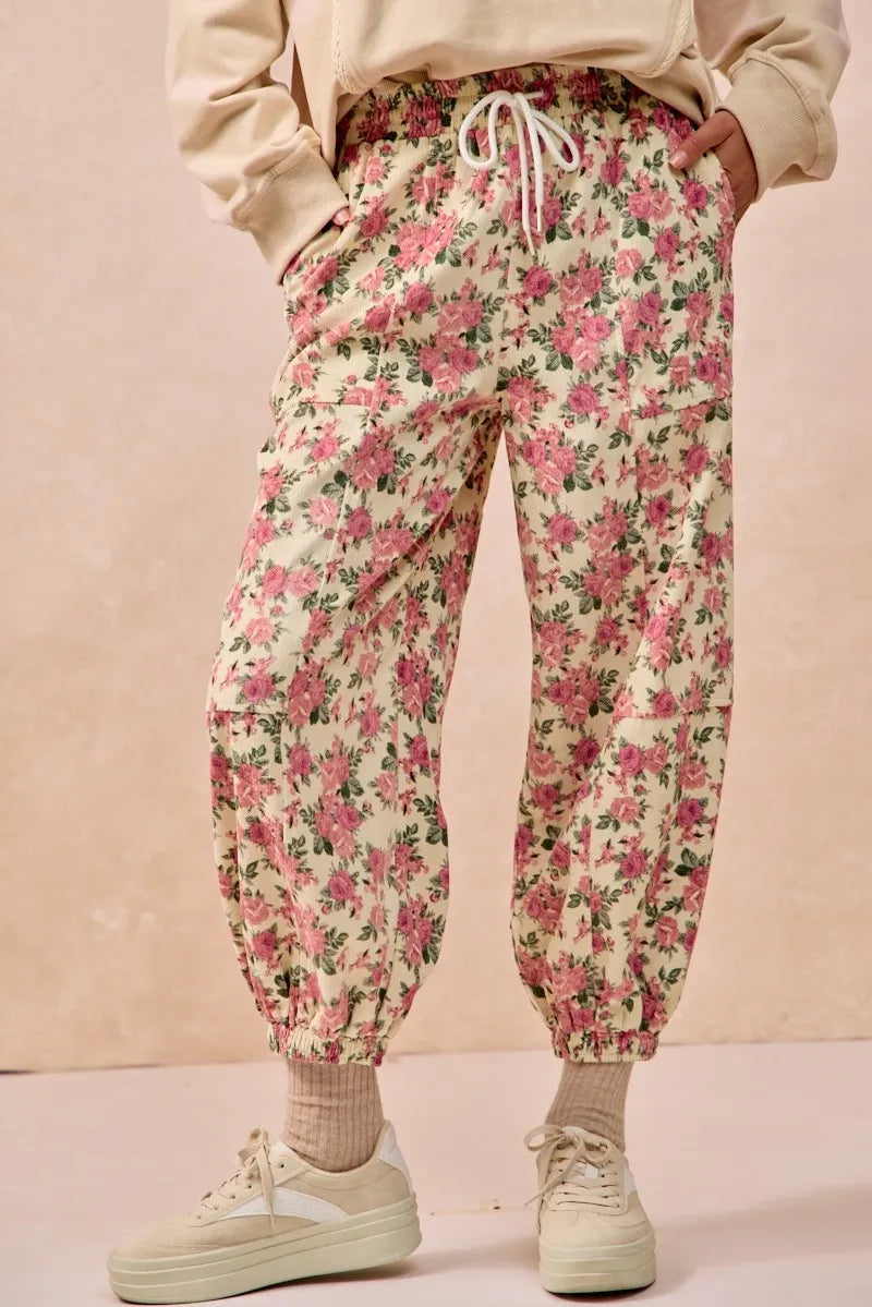Floral Printed Twill Drawstring Pants - Be Juliet