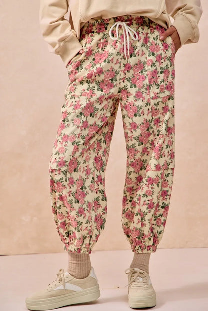 Floral Printed Twill Drawstring Pants - Be Juliet