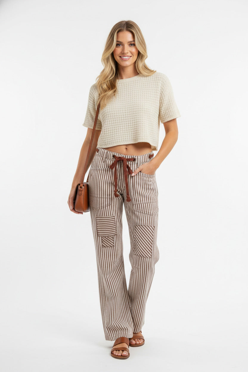 BiBi Drawstring Striped Twill Barrel Pants - Be Juliet