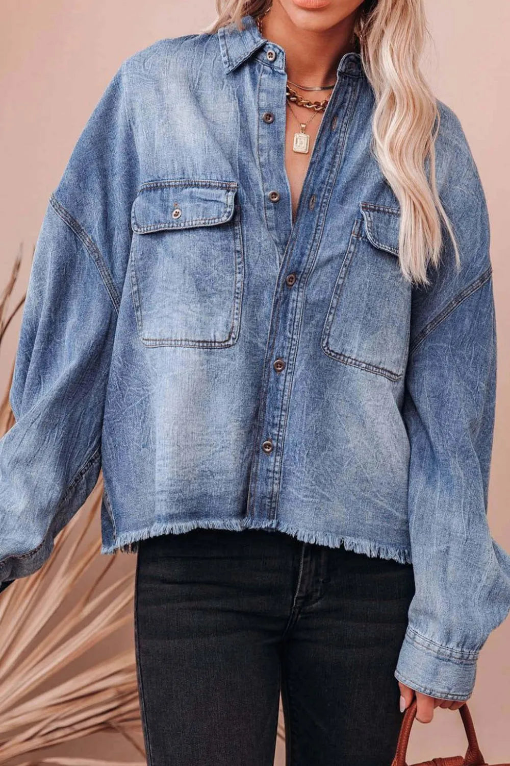 Collared Neck Raw Hem Long Sleeve Denim Shirt - Light, front view on model - Be Juliet