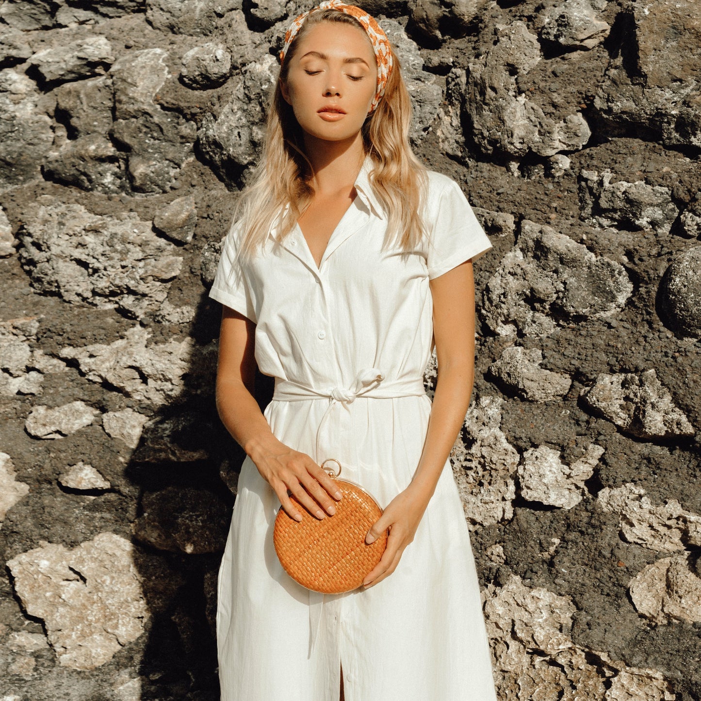 ARYA Safari Linen Midi Dress – Off White - front view on model - Be Juliet