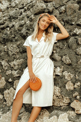 ARYA Safari Linen Midi Dress – Off White