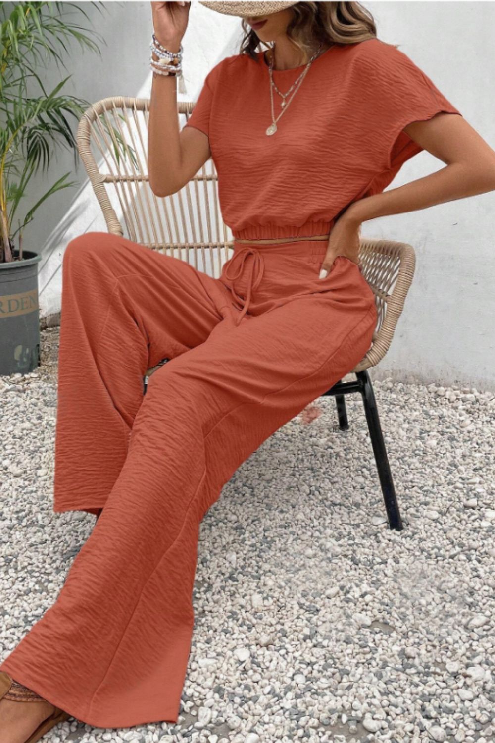 Round Neck Short Sleeve Top and Pants Set - Rust, full-length view on model - Be Juliet