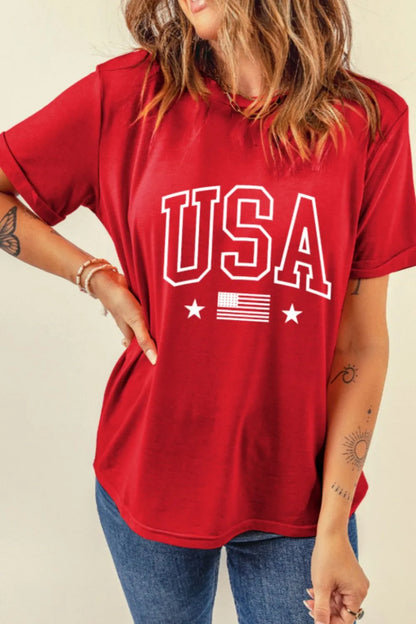 USA American Flag Crewneck T Shirt - Red, close-up detail - Be Juliet