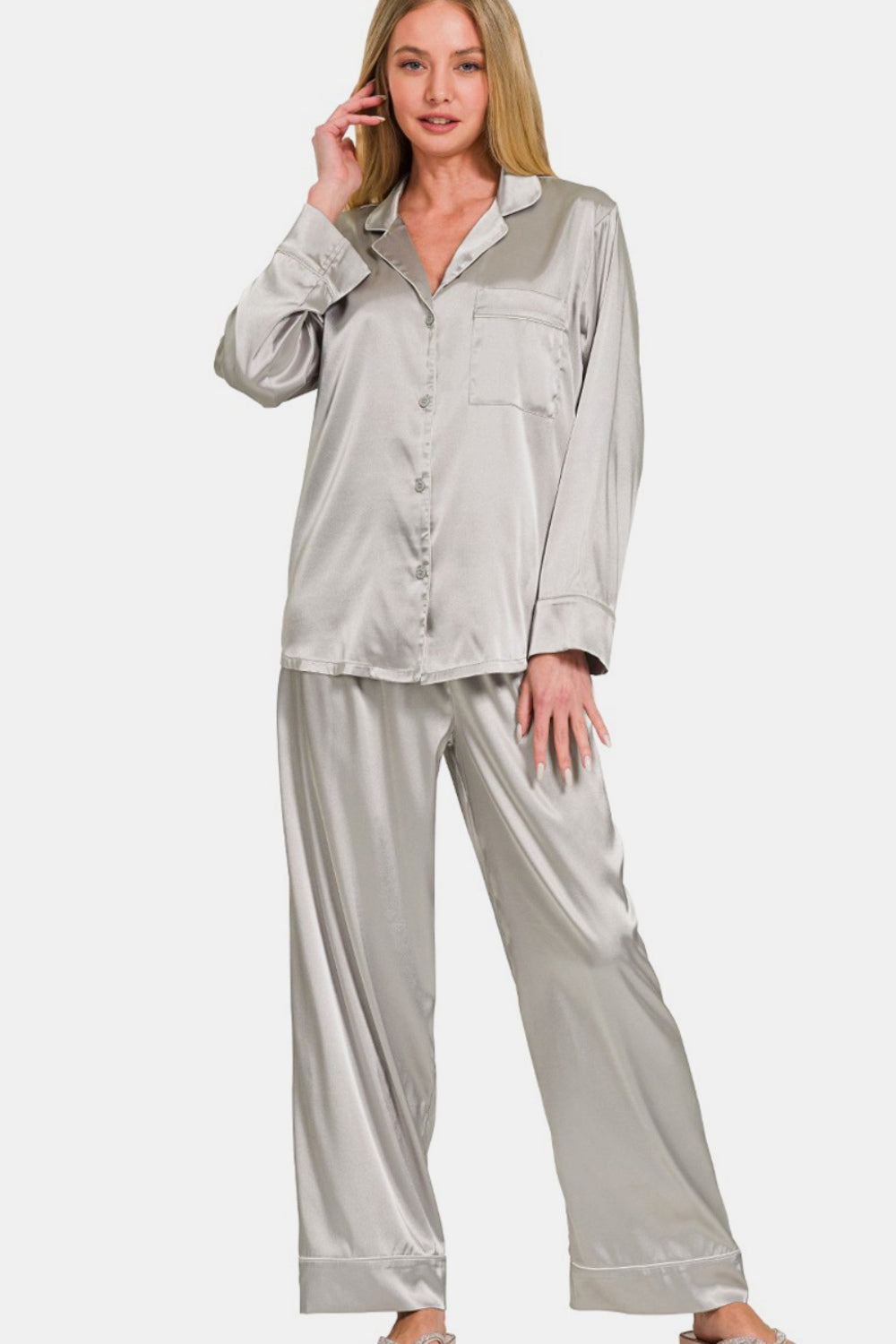 Satin Long Sleeve Shirt & Pants Pajama Set - Be Juliet