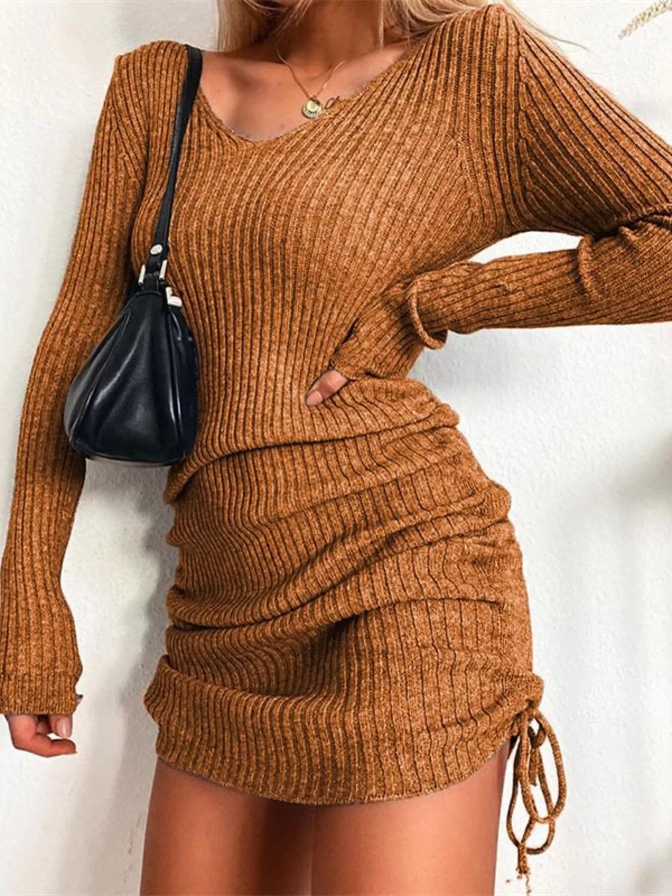 Elara Ribbed Knit Drawstring Bodycon Sweater Dress — Plus Size - Be Juliet