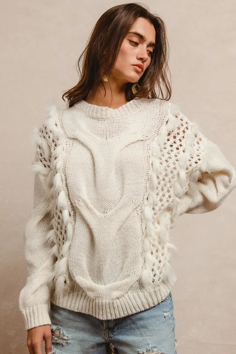 BIBI Faux Fur Detailed Pointelle Cable Knit Sweater - Be Juliet