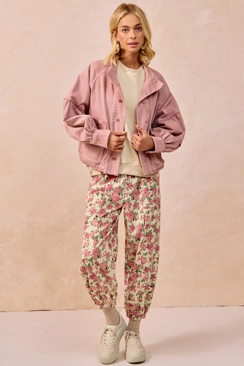 Floral Printed Twill Drawstring Pants - Be Juliet