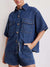 Kati Button Up Half Sleeve Denim Shirt - Medium, front view on model - Be Juliet