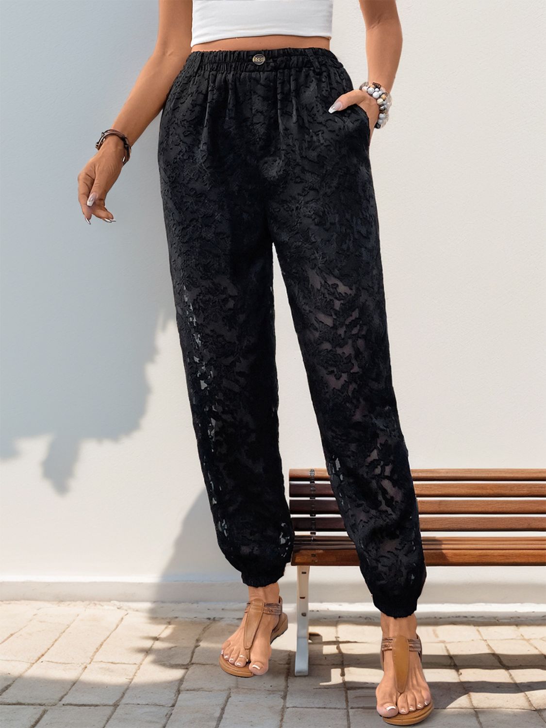 Parfee Pocketed Lace Elastic Waist Pants - Black, pocket and waistband close-up - Be Juliet