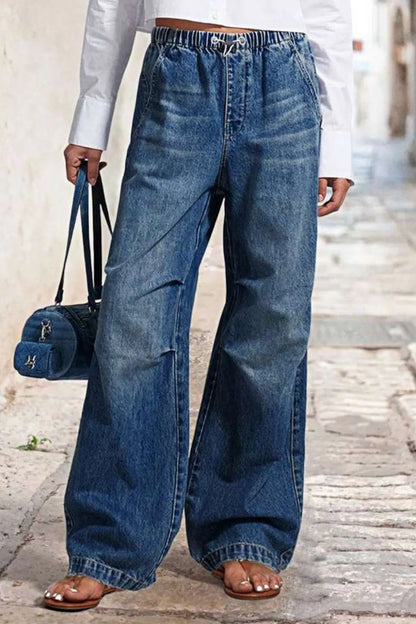 Manon Shirred Wide-Leg Jeans – Drawstring Waist - Be Juliet