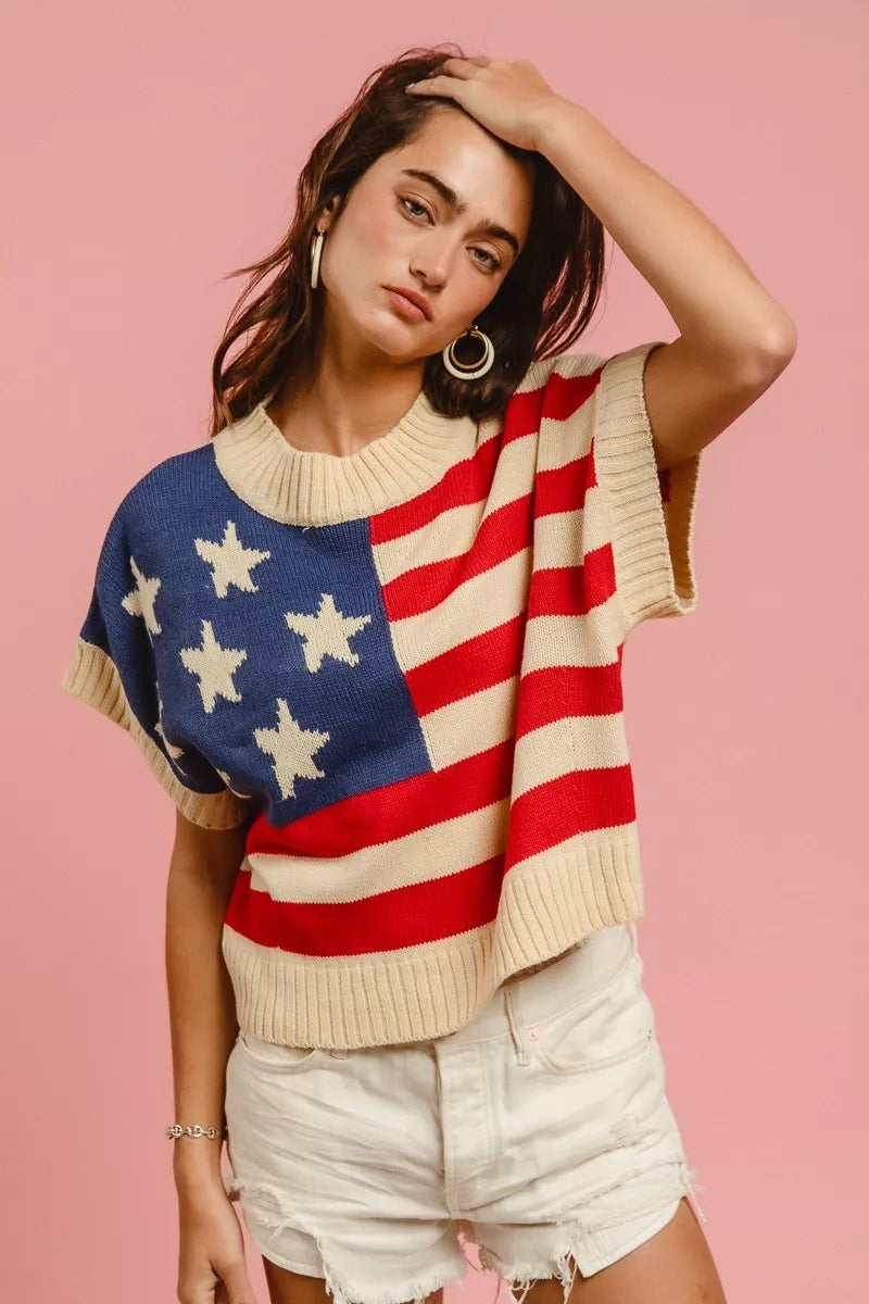 The Liberté — Star Patches American Flag Sleeveless Sweater - Vivid Red, front full view - Be Juliet