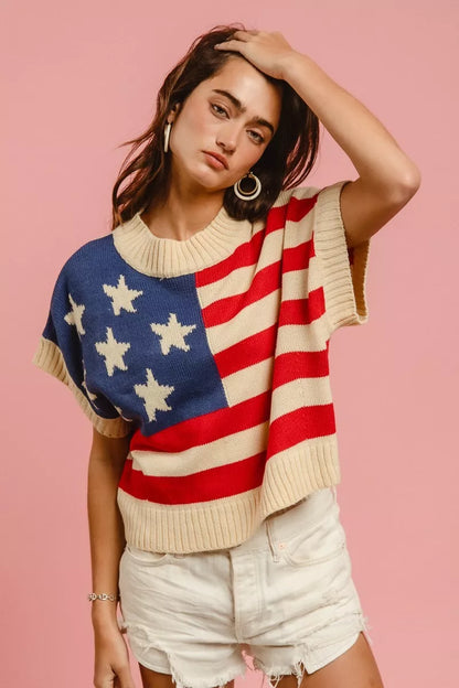 The Liberté — Star Patches American Flag Sleeveless Sweater - Vivid Red, front full view - Be Juliet