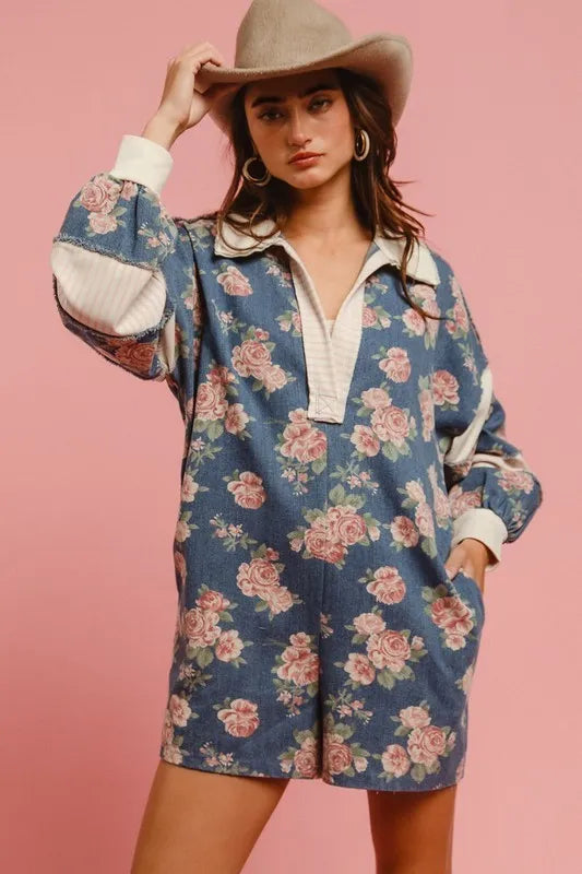 Chantalle Floral Denim Romper – Contrast Collar - Be Juliet
