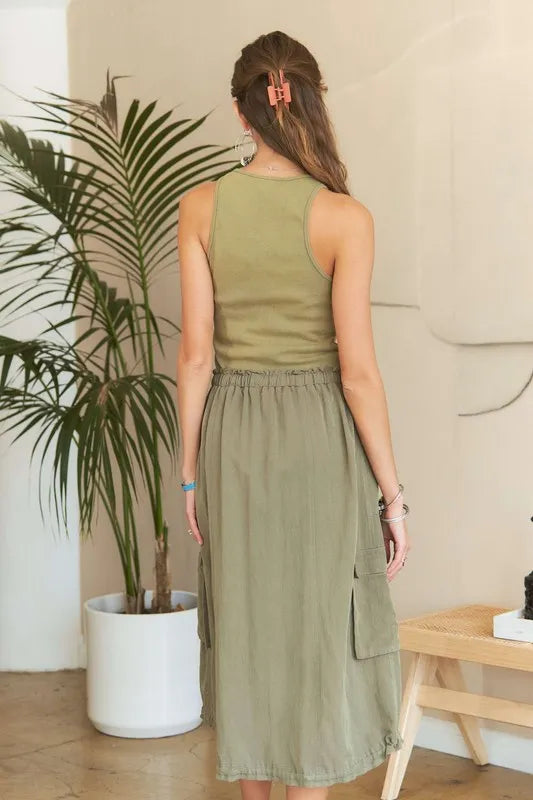 Frankie Washed Drawstring Dress - Lt Olive, close-up detail - Be Juliet