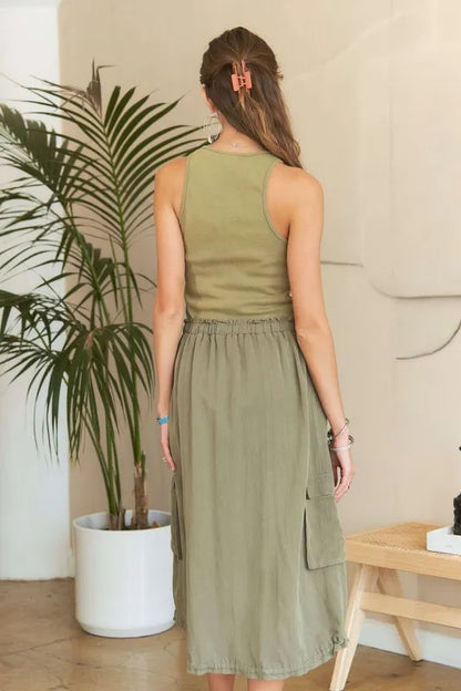 Frankie Washed Drawstring Dress - Lt Olive, close-up detail - Be Juliet