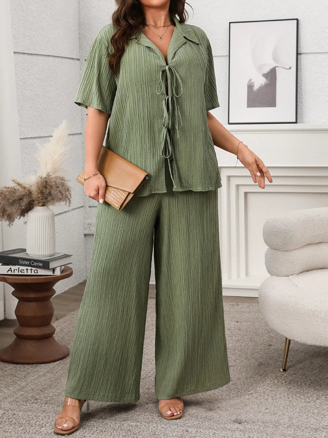 Tie Front Short Sleeve Top & Pants Set – Plus Size - Matcha Green, front view on model - Be Juliet