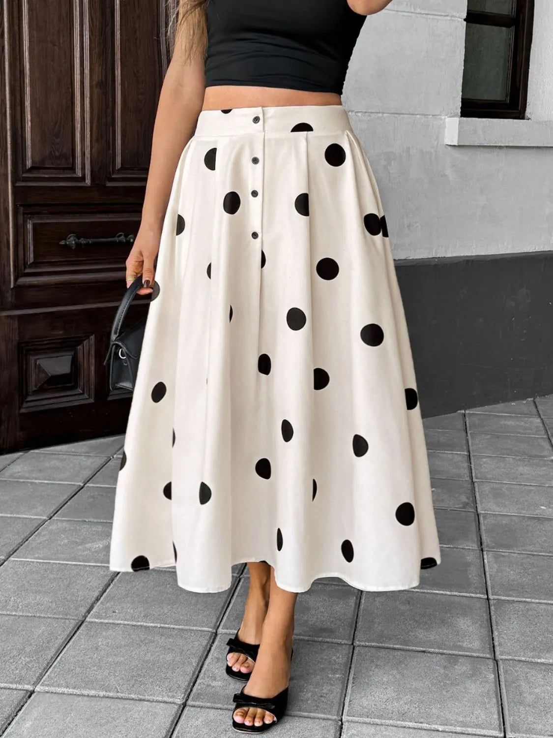 Polka Dot Button-Front Skirt - Cream, front view on model - Be Juliet